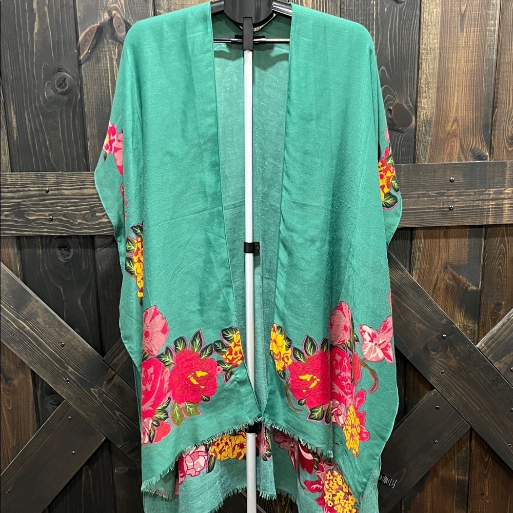 Anthropologie Do Everything In Love Kimono Floral OS Teal Fringe Boho Embroidery